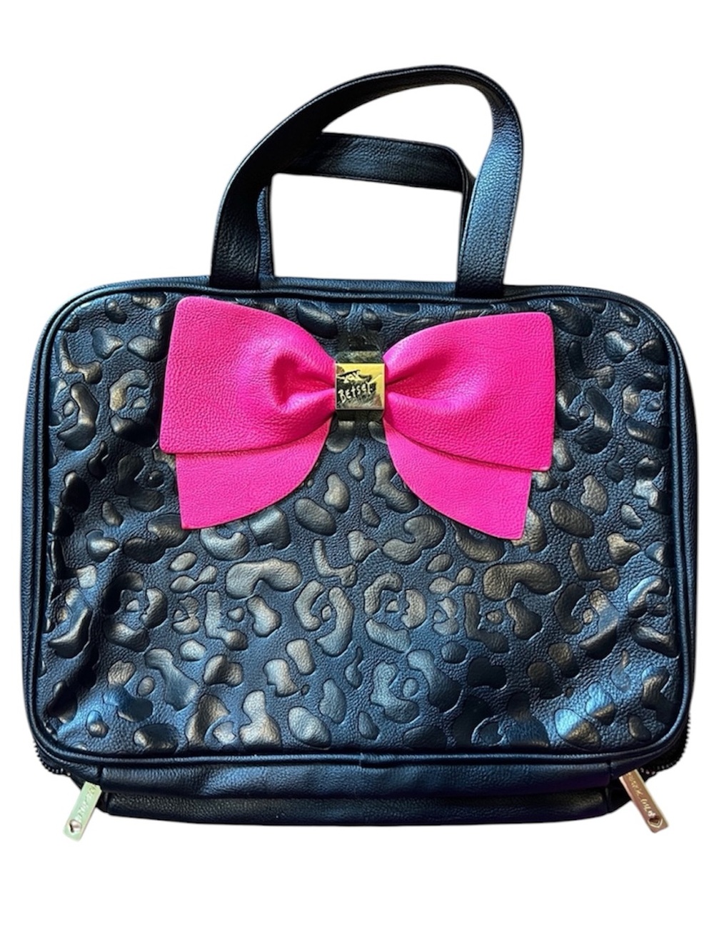 Betsy Johnson Black Embossed Leopard Faux Leather make up bag with Hot Pink Bow